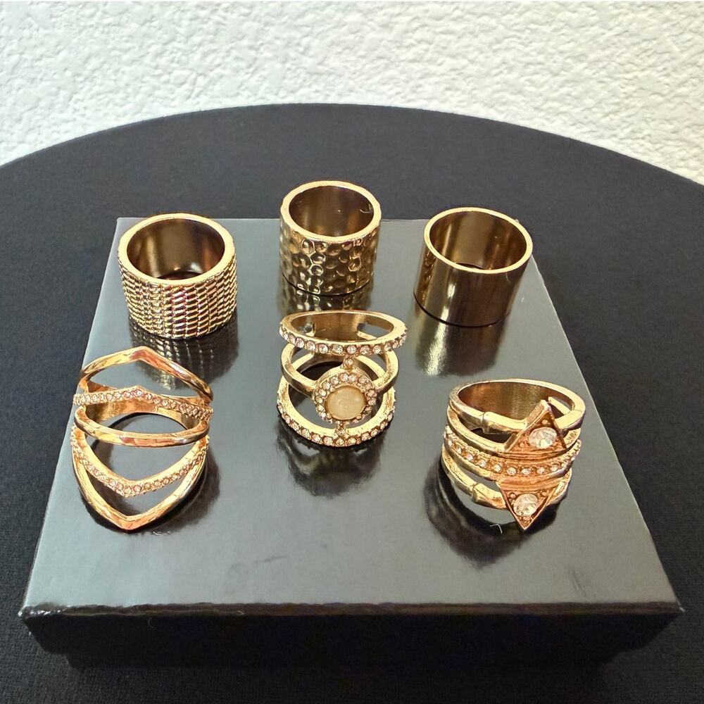 Gold Geometric Ring Set Textured Band Cutout Rhinestone Stacking Rings - Picture 8 of 11
